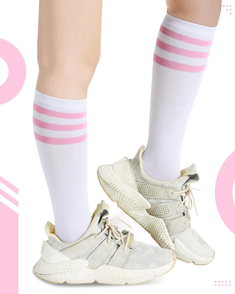 Syhood 2 Pairs Classic Athletic Knee High Socks Triple Stripes over The Calf Cotton Retro Tube Sock - Image 2
